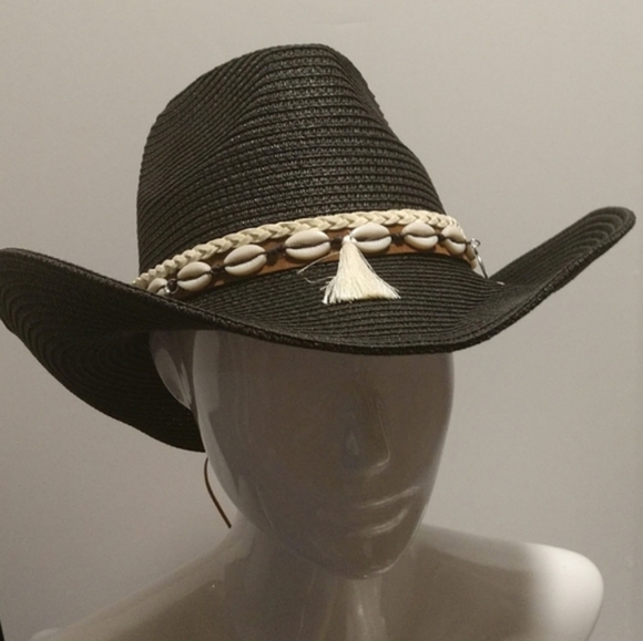 Unisex Straw Weave Western Beach Sun Hat Cowrie Cowry Shells Tassels Black Boho - Picture 2 of 14